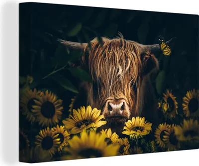 Zdjęcie produktu dla MuchoWow® - Obraz na płótnie - Szkocki góral - Kwiaty - Krowa - Botaniczne - Zwierzęta, fototapeta, dekoracja ścienna obrazy do salonu, 90x60cm