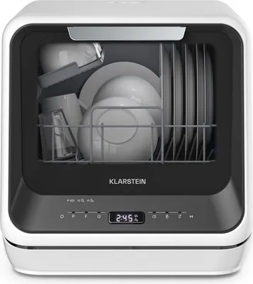 Obrázek produktu pro Klarstein Amazonia mini myčka nádobí - kompaktní stolní myčka nádobí s nádržkou na vodu, 7 programů, 5 l, digitální displej, tichá 58 dB,  přenosná pro malé kuchyně a cestování, stříbrná