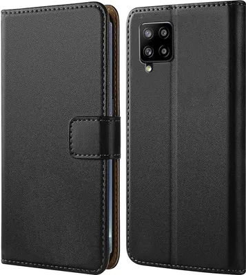 A black flip-style phone case for a Samsung Galaxy A42 5G is shown from the front and back.