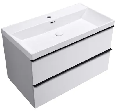 Obrázok produktu pre Kúpeľňová skrinka Velora – biela, matná, s čiernou úchytkou – keramické umývadlo Viano – 81,2 x 67,6 x 46,5 cm