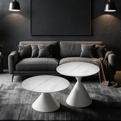 Immagine prodotto di Set 2 tavolini da salotto rotondi Punto con piano effetto marmo bianco e gambe in metallo