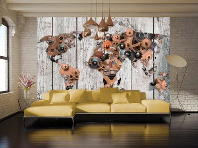 Produktbild von Vlies Fototapete Weltkarte 350x256 cm Tapeten Wandtapete XXL Bretter Holz Steampunk Abstrakt k-A-0037-a-c