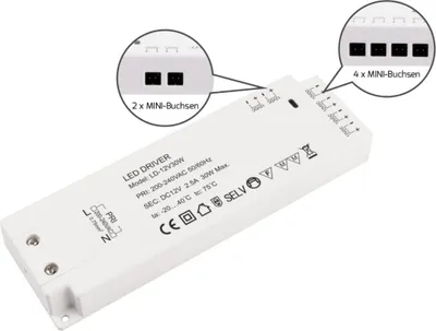 Produktbild von 12V MINI-AMP - LED 2in1 Transformator 30W mit 6 Buchsen