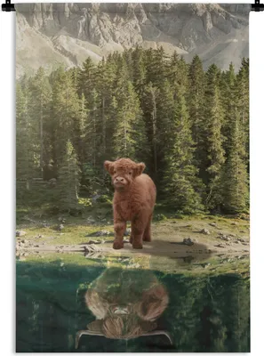 Produktbild von MuchoWow® Wandteppich Wandbehang Schottischer Highlander - Kalb - Bäume 60x90 cm Tapisserie Dekoration Wandtuch - Foto-Teppich - Abwaschbar