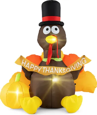 Productafbeelding van COSTWAY 150 cm Thanksgiving-decoratie, opblaasbaar, LED-turk met pompoen, pelgrimshoed en kleurrijke staart, voor vrolijke decoraties