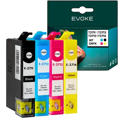 Image de Encres compatibles Evoke pour les modèles Epson T2711, T2712, T2713, T2714, 27XL, 4 couleurs (CMJN) : Noir, Cyan, Magenta, Jaune, contenance 109,6 ml. Compatibles avec les modèles WorkForce WF-3620DWF, 3640DTWF, 7110DTW, 7210DTW, 7610DWF, 7620DTWF, 7710DWF, 7715DWF, 7720DTWF