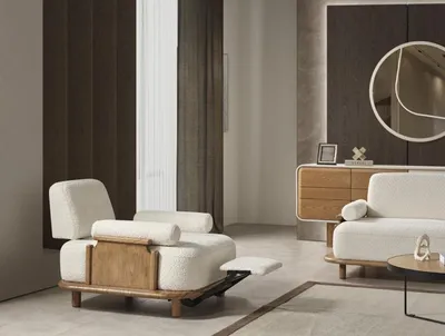 Produktbild von Designer Weiß Sessel Mit Fußstütze Wohnzimmer Textil Einsitzer Luxus