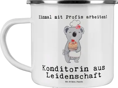Produktbild von Mr. & Mrs. Panda Teetasse Konditorin Leidenschaft - Weiß - Geschenk, Witzig, Kaffeepott, Teebecher, Spruch, Blechtasse, Lustig, becher emaille, Bäckerin, Tasse