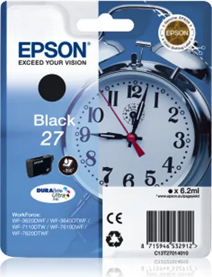 The image shows the packaging of an Epson ink cartridge, with a prominent image of an alarm clock on the right side.