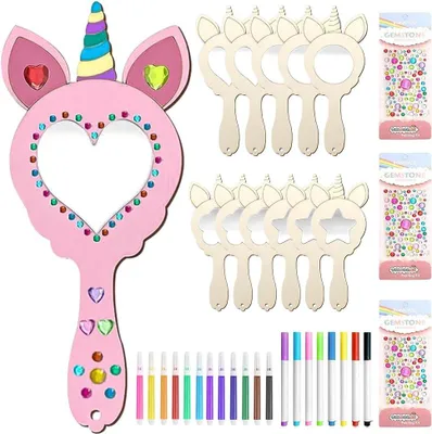 Produktbild von 12 Einhorn-Bastelsets, Holzspiegel zum Bemalen für Kinder