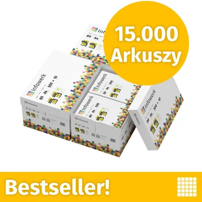 Zdjęcie produktu dla NOWOŚĆ: Infowerk Papier do drukarek i kopiarek, 15000 arkuszy, 30 x 500, A4, Premium, ekstra biały, CIE 160, Zwycięzca testów, Certyfikat PEFC