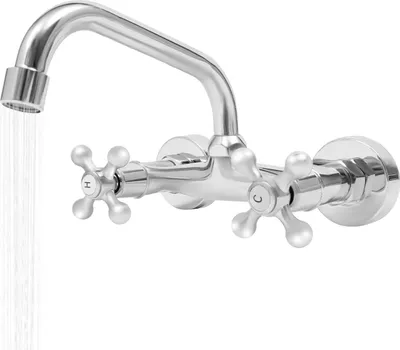 Immagine prodotto di Rubinetto da cucina - Montaggio a parete Miscelatore a due maniglie - Bocca girevole - Acqua calda e fredda - Corpo in ottone - Cartuccia in Vetroceramica - Finitura cromata - Argento