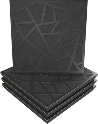 A stack of black acoustic wall panels with a geometric pattern.