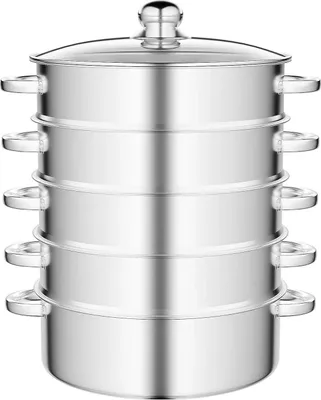 Produktbild von Edelstahl Dampfgarer - 5-lagiger Dampfkochtopf 28 cm - Mit Deckel - Stapelbar für Gemüse - Hellgrau