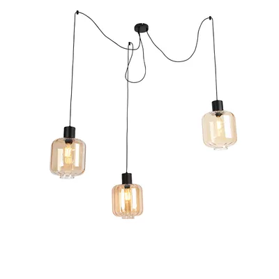 Produktbild von QAZQA - Design Hängelampe I Pendellampe I Pendelleuchte schwarz mit Braunglas 3-flammig-Licht 226 cm - Qara I Wohnzimmer I Schlafzimmer - Länglich - LED geeignet E27