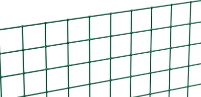 A close-up view of green wire mesh fencing against a white background.