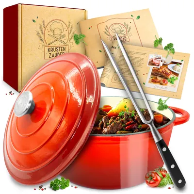 Produktbild von KRUSTENZAUBER Gusseisen Topf [inkl. Fleischgabel] - 26cm Schmortopf backofengeeignet - Idealer Bräter mit Deckel Backofengeeignet, Kochtopf Induktion, Emaille, Bratentopf Cast Iron