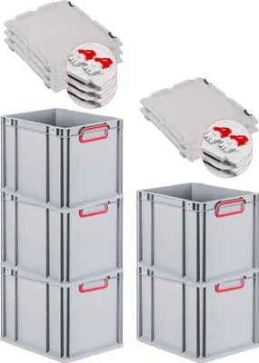Produktbild von SuperSparSet 5x Eurobox NextGen Color mit Scharnierdeckel und Schiebeschnappverschlüssen | HxBxT 32x30x40cm | 30 Liter | Grau | Griffe rot geschlossen | Glatter Boden | Eurobehälter, Transportbox, Transportbehälter, Stapelbehälter