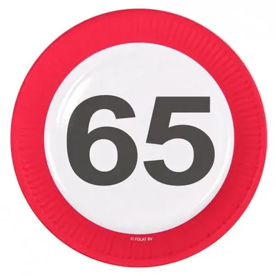 Produktbild von 8 PAPPTELLER 23 cm MOTIV SCHILD MIT DER ZAHL 65.Geburtstag