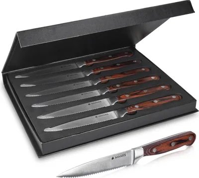 Produktbild von Navaris 6x Steakmesser Set mit Holzgriff - Besteck Messer 6-teilig - Besteckset aus Edelstahl und Holz mit Geschenkbox - Wellenschliff Steakbesteck