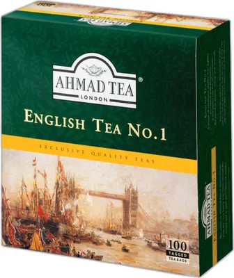 A box of Ahmad Tea English Tea No.1, featuring a painting of Tower Bridge and ships.