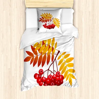 Produktbild von ABAKUHAUS Eberesche Mantele, Ländliche Beeren im Herbst, Milbensicher Allergiker geeignet mit Kissenbezügen, 135 cm x 200 cm - 80 x 80 cm, Dark Orange Gelb Rot