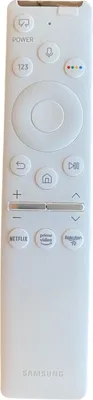 A white Samsung TV remote control is shown from a front-facing perspective against a white background.
