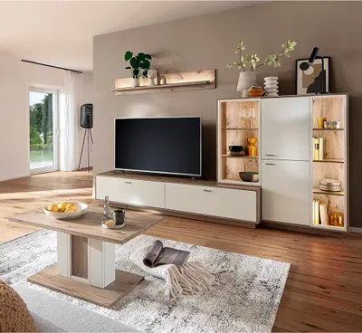 Produktbild von Wohnwand in Eiche und weiß modern mit Couchtisch & LED-Beleuchtung, 4-teilig - SAGUNTO-05