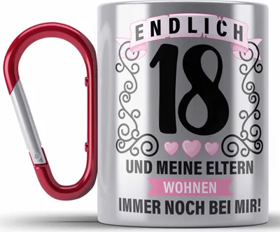 Produktbild von Trendation - 18er Geburtstag Edelstahl Tasse Karabiner Geschenk Mädchen Jungen Geschenkidee Lustig Spruch 18 Geschenke Geschenkideen zum 18 Bday 18. (Rot)