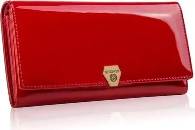 A red patent leather wallet is shown against a white background.
