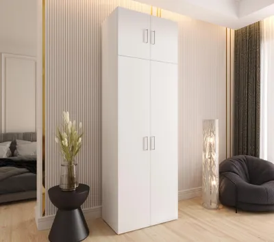 Produktbild von Drehtürenschrank 242x80x48 cm Weiß mit Aufsatz – Moderner Kleiderschrank mit viel Stauraum für Schlafzimmer und Flur