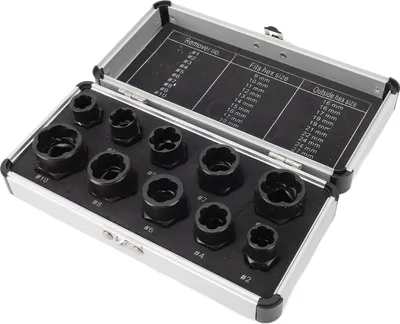 Produktbild von 10-teiliges Bolzenausdreher-Set aus 40CR-Stahl, schwarz oxidiert, Werkzeugset zum Entfernen von Bolzen und Muttern (9šC19 mm) und Schrauben (16šC27 mm), 3/8-Zoll-Antrieb