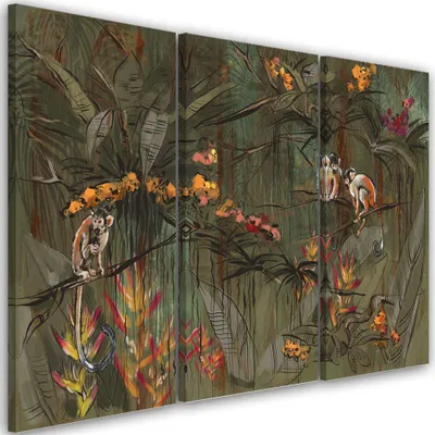 Produktbild von Triptychon auf leinwand affen im dschungel 120x80 cm Feeby grün wandbild bereit zum aufhängen