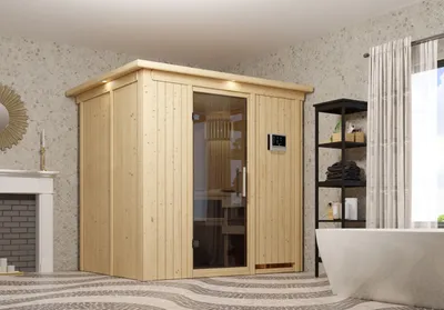 Produktbild von Karibu Sauna Innensauna Fanja Fronteinstieg Ofen 3,6 kW -Ofen externe Strg. easy 210x165x202 cm mit Dachkranz  mit Klarglastür