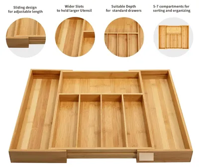 Image de Boîtes de couverts en bambou - Organisateur de couverts - Rangement pour tiroirs - Plateau de rangement - Extensible - Pour couteaux et ustensiles de cuisine