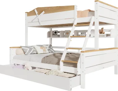 Produktbild von Etagenbett mit 2 Liegeflächen, Lattenrost, Regal, Rausfallschutz und Schubladen (90x200cm/140x200cm) Jugendbett, Kiefer