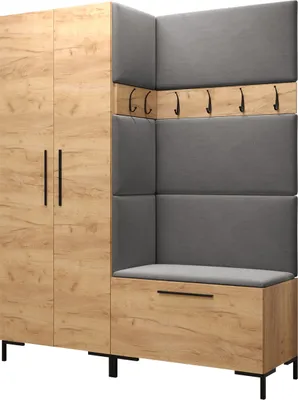 Produktbild von MIRJAN24 Garderoben-Set Zilion I, Garderobe mit 4 Stück Gepolstertes Wandpaneel Pag 84x42 und 3 Stück 42x42 (Eiche Craft Gold + Schwarz, Manila 16)