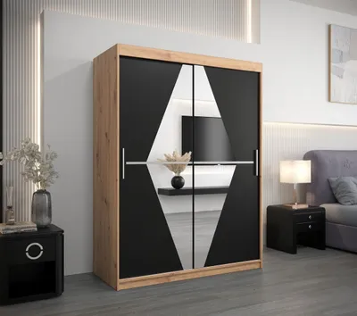 Obrázek produktu pro Šatní skříň se zrcadly TATANA - šířka 150 cm, dub artisan / černá