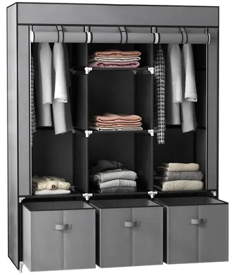 Produktbild von Stoffkleiderschrank - Faltbarer Kleiderschrank mit Kleiderstange, Schubladen und Reißverschluss - Metallrahmen - 65 kg - 125 x 43 x 162,5 cm - Dunkelgrau