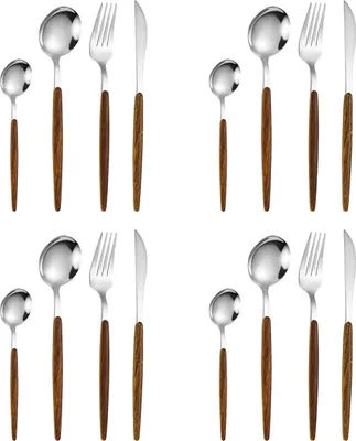 Produktbild von 16-teiliges Besteckset mit Holzgriffen und mattgoldenen K?pfen, Edelstahl-Besteckset, Kš¹chenhelfer-Set, Servierset fš¹r 4 Personen
