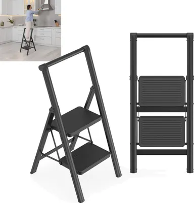 Produktbild von LZQ Trittleiter 2 Stufen, Klappstufen mit Handlauf Klappbar, Klappleiter mit breitem Anti-Rutsch-Pedal, Haushaltsleiter Multifunktionale Tritthocker Einfach zu Verstauen bis 270kg Belastbar, Stufenleiter für Haushalt, Büro, Schwarz