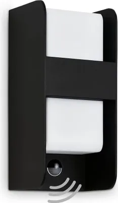 A black outdoor wall light with two white frosted glass panels and a motion sensor.
