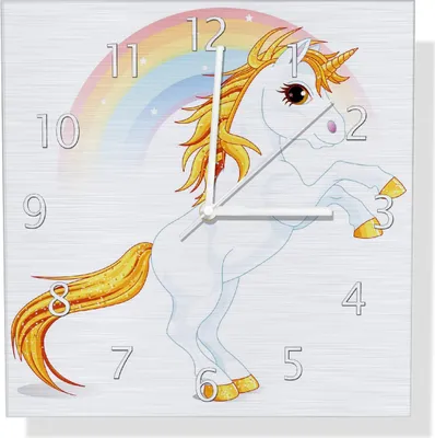 Produktbild von Wallario Design Wanduhr Weißes Einhorn vor einem Regenbogen aus Aluverbund, Größe 30 x 30 cm