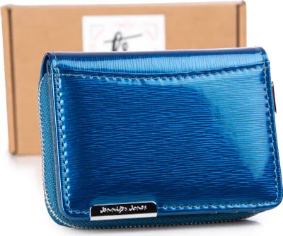 Produktbild von Jennifer Jones kleine Damen Geldbörse Portemonnaie Portmonee Geldbeutel Echtleder Lackiertes mit Reißverschluss Blau