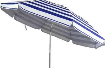 Produktbild von ELLUG Sonnenschirm, Aluminium, blau-weiß gestreift, 180cm Höhe, höhenverstellbar 120-180cm, UV-Schutz UPF 50+, Kippfunktion, Belüftungsschlitze, silbrige Unterseite, spitzes Ende für Halt in Sand, Gras oder Erde, leicht & platzsparend verpackt (ca. 100x8cm), ideal für Strand, Balkon, Garten & Reisen