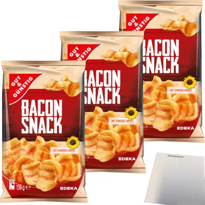 Produktbild von Gut & Günstig Bacon Snack herzhafter Knabberspaß 3er Pack (3x130g Packung) + usy Block