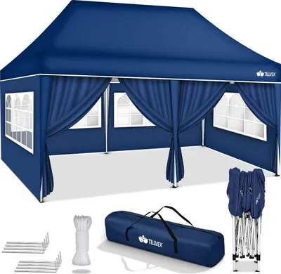 A blue pop-up gazebo with side walls and windows, along with its accessories, laid out on a white background.