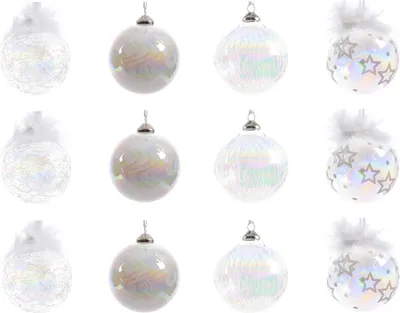 Produktbild von Weihnachtskugeln Glas 8cm mit Federn 12er Set Klar / Weiß Irisierend