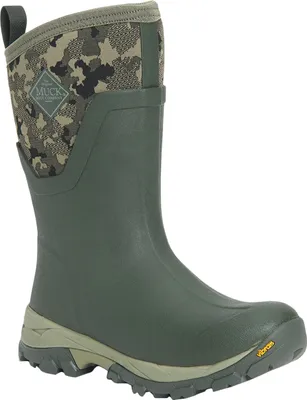 A single green boot with camouflage accents is shown against a white background.