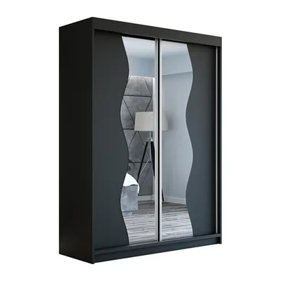 A black sliding door wardrobe with wavy mirrored panels.